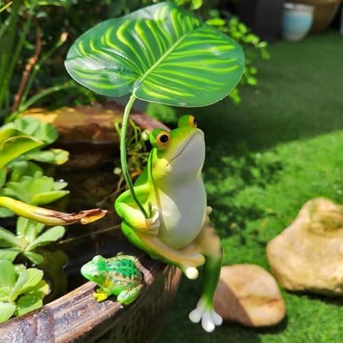 Umbrella Frog Statue for Garden Decor, Resin Green Frog Figurine Outdoor 7" - Image 2