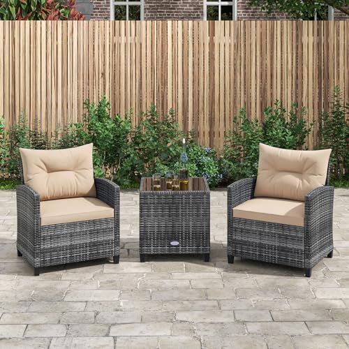 RELAX4LIFE 3 Piece Patio Furniture Set, Wicker Bistro Conversation Set w/2 Cushioned Armchairs & Glass Topped Table, Outdoor Rattan Sofa Set Patio Furniture for Porch Balcony Poolside (Grey-Beige) - Image 2
