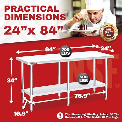 DuraSteel 24x84 Stainless Steel Work Table - NSF Commercial Prep Metal Table - Outdoor Pizza Oven Stand w/Under Shelf - Kitchen Island Laundry Utility Garage Microwave Stand Large Rolling Storage Cart - Image 2