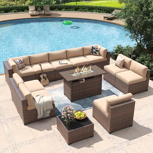 Aoxun 12 Piece Patio Furniture Set with 44" Fire Pit Table Wicker Rattan by Aoxun