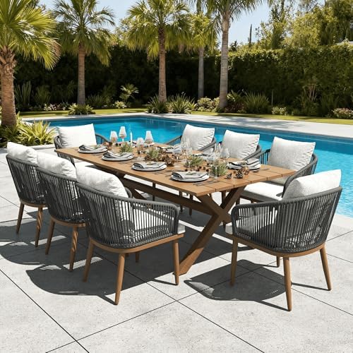 LayinSun 9 Pieces Outdoor Patio Dining Set, Aluminium Rectangular Dining Table and Wicker Rattan Chairs Set for Outside Backyard, Poolside by LayinSun
