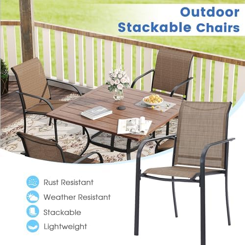 VICLLAX Patio Dining Set for 6, Outdoor Furniture Set Includes 59" Rectangle Patio Table and 6 Patio Sling Chairs, Outdoor Table and Chairs for Outsides, Black Tabletop and Brown Fabric - Image 6