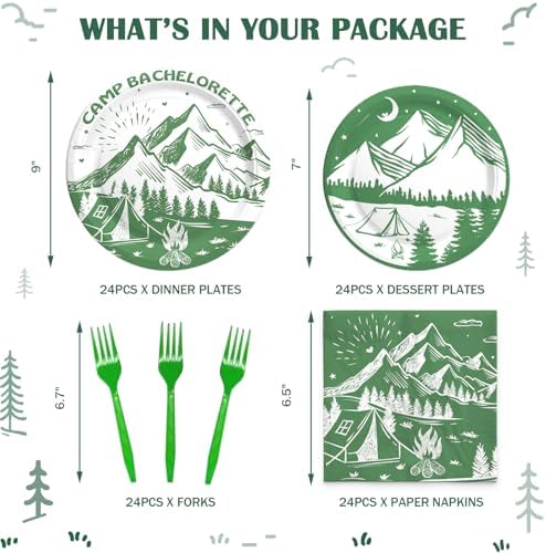 Hombae Camp Bachelorette Supplies Tableware Set, Last Trail Before the Veil Bachelorette Decor, Green Camping Bachelorette Party Decorations, Camp Theme Plates, Napkins, Forks, Serves 24 Guests - Image 2