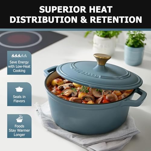 MUELLER HOME 7.5 Quart Enameled Cast Iron Pot Dutch Oven, Heavy-Duty, Oven-Safe up to 500° F & Across All Cooktops, Bread Pan with Lid & Knob, Cast Iron Cookware, Blue Kitchen Accessories,Mineral Blue - Image 2