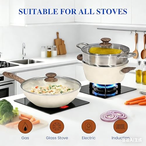 Simple Deluxe 17Pcs Ceramic Cookware Set, Nonstick & Non-Toxic Healthy Pots and Pans, Heat-Resistant Handles, Induction Cookware Sets with Frying Pans, Beige - Image 4