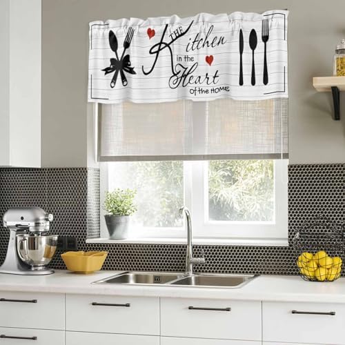 Valances for Windows, Kitchen Tableware Valance Curtains Blackout Drapes for Kitchen/Bathroom/Cafe, Red Love Heart Black Words Vintage Rod Pocket Window Toppers Valances 2 Pack Clearance 54''x18'' - Image 5