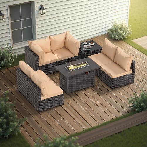 Patio Furniture Set with Fire Pit Table, 8PCS Outdoor Conversation Sets Waterproof Rattan Sectional Sofa with 4” Thickened Cushion Modular Wicker Patio Furniture Set with Glass Top Table (Coffee) by PHONJOROO