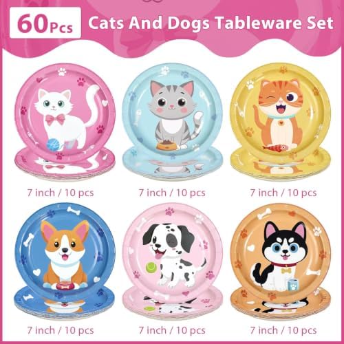 60Pcs Cat Dog Paper Plate 7" Kitten Puppy Heavy Duty Paper Plates - Image 2