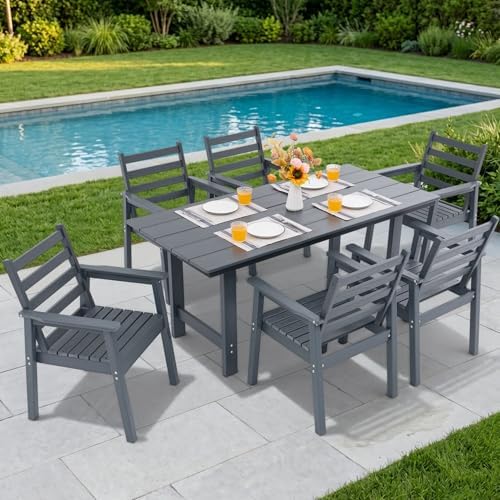 7-Piece Outdoor Dining Set, All-Weather HDPE Patio Furniture, 66.5" Slatted Table with 1.6" Umbrella Hole & 6 Ergonomic Armchairs, Heavy Duty 350lbs Capacity, UV Resistant, Gray by Unknown