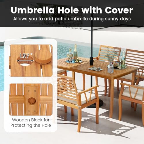 HAPPYGRILL 3 Pieces Acacia Wood Patio Dining Set, Outdoor Table Bench Set with 1.97” Umbrella Hole, Outside Furniture Set for Poolside Backyard Garden Deck - Image 3