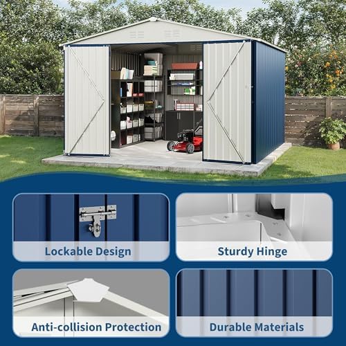 Garvee 10x10 FT Metal Storage Shed – Lockable Doors, Floor Frame, Blue - Image 4