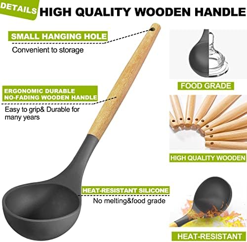 Umite Chef 36pcs Silicone Kitchen Cooking Utensils with Holder, Heat Resistant Cooking Utensils Sets Wooden Handle, Nonstick Kitchen Gadgets Tools Include Spatula Spoons Turner Pizza Cutter(Grey) - Image 6