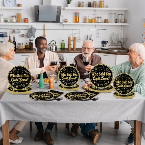 96Pcs Who Said You Could Leave Paper Plates and Napkins for Farewell Party Decor Retirement Disposable Plate Black and Gold Leaving Tableware Set for Goodbye Going Away Birthday Gatherings Decorations - Image 6