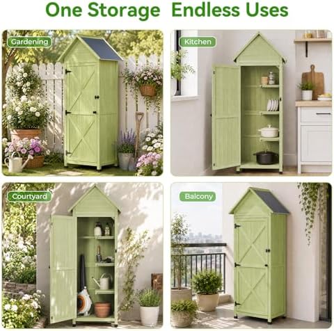 Narrow Outdoor Storage Cabinet, 67" Wooden Vertical Garden Tools Shed, Patio Storage Organizer with Latch & Waterproof Roof for Yard Deck Lawn Farmland Equipment(Green) - Image 7