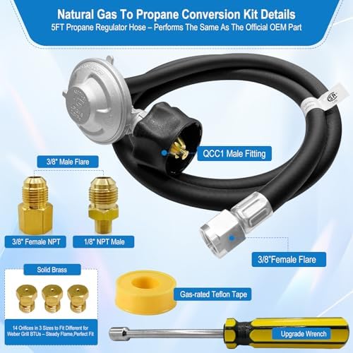 Natural Gas to Propane Conversion Kit for Weber Genesis,Genesis II,for Weber Spirit II 310/315/210–Includes 5FT Propane Regulator Hose for Weber Grills,14 Orifices (3 Sizes),3/8”Fittings and Tools. - Image 2