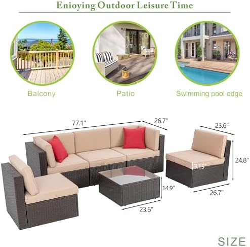 Vongrasig 7 Piece Patio Furniture Set with Propane Fire Pit, Outdoor Conversation Sets Wicker Rattan Sectional Sofa with Coffee Table, 43” Propane Gas Firepit Table with Lid, Beige - Image 3