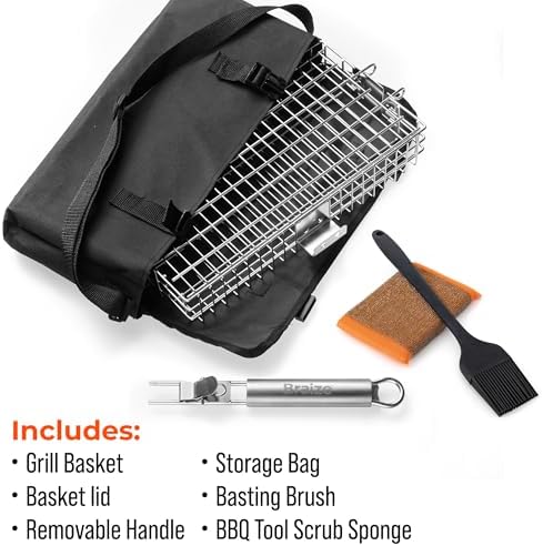 Adjustable Grill Basket with Removable Handle – 4 Height Levels for Vegetables, Meat, Fish & More – Locking Lid - Basting Brush, Scrub Sponge & Storage Bag for Outdoor Cooking - Image 4