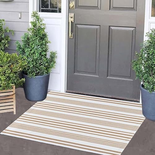 Khaki and White Striped Layered Doormat 24"x35"Fall Door Mat Outdoor by BUAGETUP