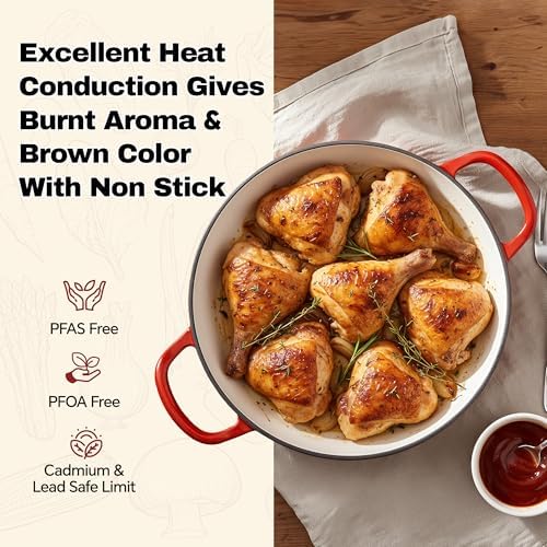 3 Quart Enameled Cast Iron Braiser, Non Stick Enameled Cast Iron Skillet with Lid, Dutch Oven Skillet with lid up to 500°F for Oven, Stove, Grill, Shallow Dutch Oven for Cook, Bake (Red) - Image 2