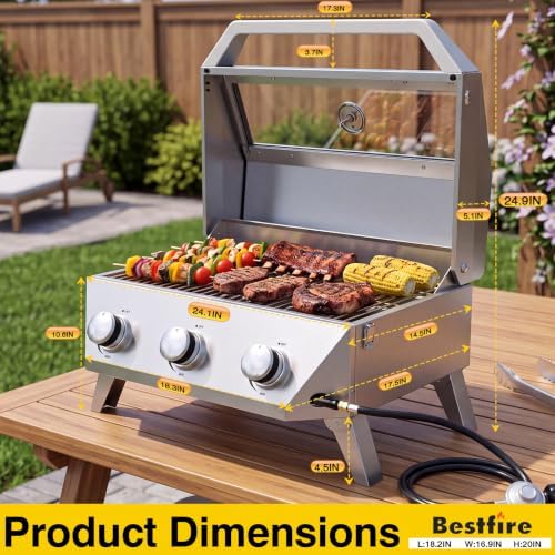 Bestfire 3-Burner Tabletop Propane Gas Grill, 30,000 BTU Portable Propane BBQ Grill with Viewing Glass Lid & Thermometer, Stainless Steel Outdoor Cooking Grill for Camping, RV, Patio and Tailgating - Image 3