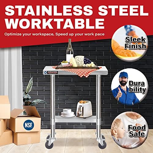 DuraSteel 30x12 NSF Stainless Steel Cart - Heavy Duty Rolling Food Prep Table with Undershelf - Metal Utility Cart for Commercial Restaurant Kitchen, Laundry, Side Mixer Stand - Image 3