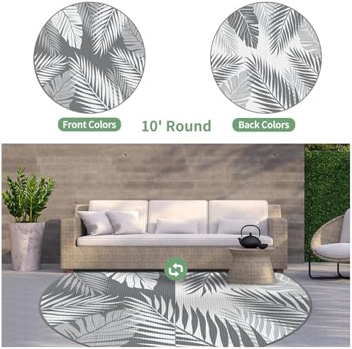 GENIMO Outdoor Rug, Waterproof Plastic Rugs for Patio, 10' Round Grey White - Image 2