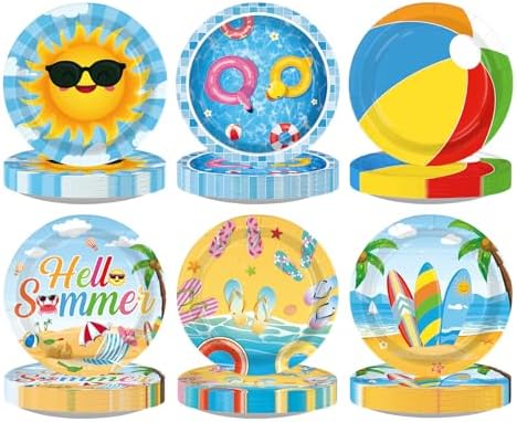60 Pcs Beach Pool Party Paper Plate 7" Heavy Duty for Summer by Greencian