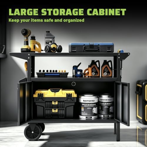 Rolling Workbench with Storage Cabinet,39.4" Mobile Garage Work Bench with Pegboard,Heavy Duty Steel Tool Cart with Wheels,Tool Storage Cabinet for Garage,Workshop,DIY and Home Repair - Image 5