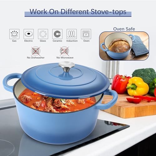 E-far Dutch Oven Pot with Lid, 5 Quart Enameled Cast Iron Round Dutch Oven Stockpot for Bread Baking/Braising/Cooking/Roasting/Stewing, Heavy Duty Nonstick Cookware Safe for Induction & Oven - Blue - Image 6