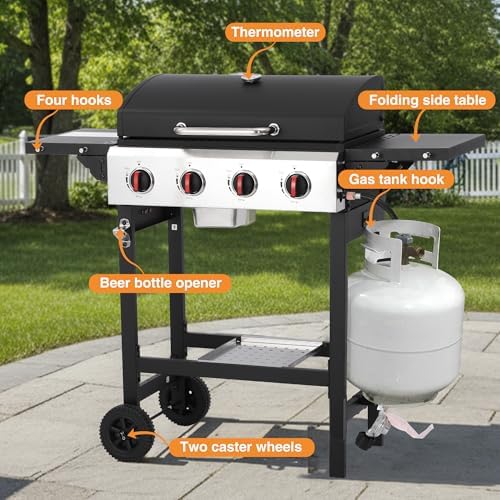 4 Burner Propane Gas Grill, Portable BBQ Grill with Cast Iron Grate & Griddle Pan, Folding Side Table for Camping Backyard, 40000 BTU Easy-Clean Outdoor Cooking - Image 5