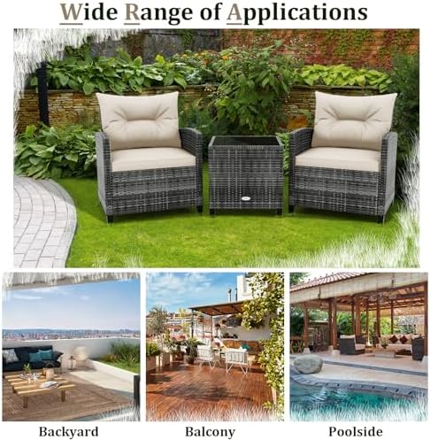 RELAX4LIFE 3 Piece Patio Furniture Set, Wicker Bistro Conversation Set w/2 Cushioned Armchairs & Glass Topped Table, Outdoor Rattan Sofa Set Patio Furniture for Porch Balcony Poolside (Grey-White) - Image 7