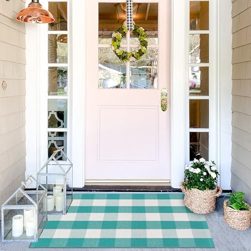Spring Green & White Plaid Rug - 28 x 43 Inches Outdoor Front Door Decor Mat Cotton Washable Hand-Woven Rug Christmas New Year Holiday Porch Entryway Layered Doormat - Image 3