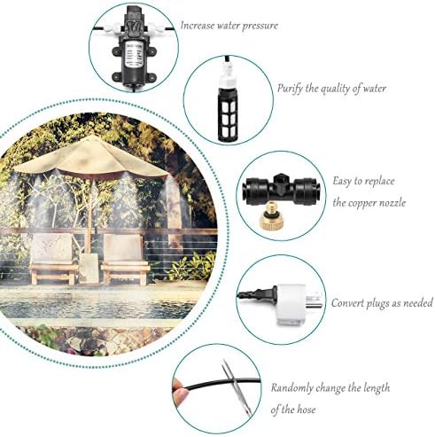 Misting Cooling System with Pump Filter Kit,40FT/12M Mist Hose 16 Brass Mist Nozzle 116 PSI 5L/Min DIY for Outdooor Patio Porch Greenhouse Backyard - Image 6