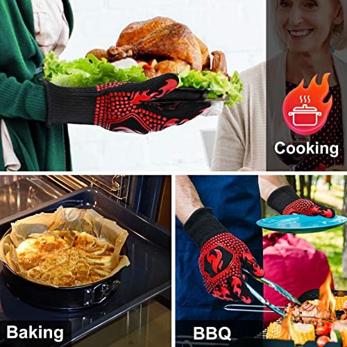 QUWIN BBQ Gloves, BBQ Accessories 1472℉ Extreme Heat Resistant, Grilling Gloves Silicone Non-Slip Oven Mitts, Kitchen Gloves for BBQ, Grilling, Cooking, Baking-1 Pair… (One Size Fits Most, Red) - Image 5
