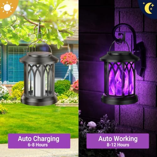 KOOPER 4 Pack Solar Lantern Outdoor Lights, Upgraded Flickering Flame Solar Lanterns Lights Outdoor Waterproof, Hanging Lantern Decorative, Solar Powered Lanterns for Yard Garden Decor (Purple Light) - Image 3