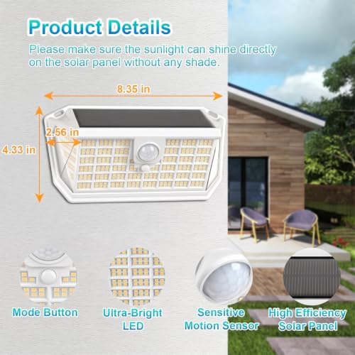 Brightever Solar Motion Sensor Outdoor Lights, 4000LM 344 LEDs Solar Outdoor Lights, IP65 Waterproof Exterior Flood Security Lights with 270° Wide Angle & 3 Modes for Patio Garage, 4-Pack White - Image 6