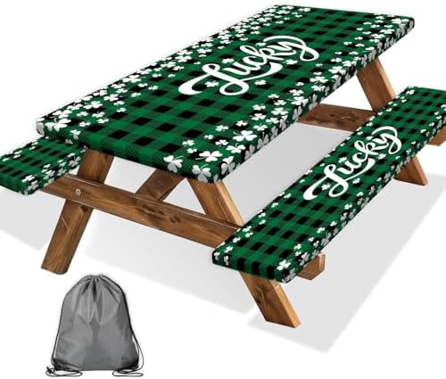 St. Patrick's Day Picnic Table Cover with Bench Covers, Camping Essentials, Buffalo Plaid Shamrock Lucky Outdoor Table Covers, Waterproof, Fitted Tablecloth Cover with Elastic Edge, 3 PCS, 30x72 Inch by Xguatan