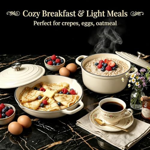 Nonstick Enameled Cast Iron Cookware Set - 8 Piece Pots and Pans with Lid, Frying Pan, Skillet, Dutch Oven Set for All Stovetops, Ideal for Sourdough Bread Baking, Cream White - Image 5