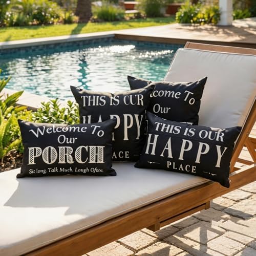 Black and White Welcome to Our Porch Outdoor Lumbar Pillow Covers Waterproof 12x20 Set of 2, Decorative Outdoor Lumbar Pillows 12 x 20, Front Porch Decor Patio Furniture Pillows (Without Inserts) - Image 6