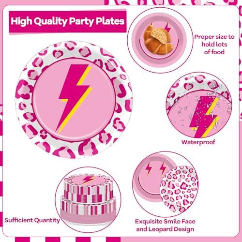 96 Pcs Pink Smile Face Party Decorations: Pink Cheetah Plates and Napkins, Checked Paper Plates, Smile Face Leopard Disposable Tableware for Girls Women Bridal Shower Supplies - Image 3