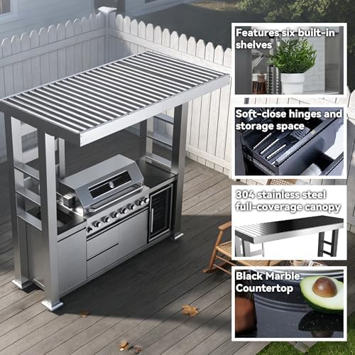 94-Inch 6-Burner 85000 BTU Natural Gas Outdoor Kitchen Grill Island with Shed, 304 Stainless Steel Silver, Wine Cooler, Rotisserie, Black Granite Countertops & Sink for Backyard BBQ - Image 3
