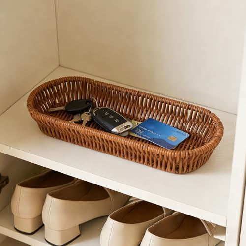 Silverware Organizer Basket, Outdoor Dining Cutlery Baskets, Small Wicker Bread Cracker Basket, Stackable Wicker Storage Baskets for Spoons Forks Knives Stationery (Oval) - Image 3