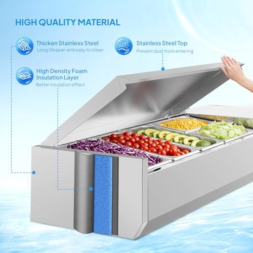 ROVSUN 48" Refrigerated Condiment Prep Station Sandwich Prep Table ETL NSF, 25.1QT Salad Bar Prep Rail w/Auto Defrost Temp Control Stainless Steel Cover 3 1/3 Pan & 2 1/4 Pan for Restaurant Food Truck - Image 3