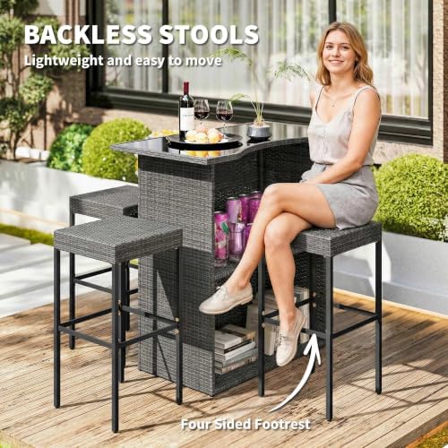 Outsunny 5 Piece Wicker Outdoor Bar Set with Glass Table Top Dark Gray - Image 6