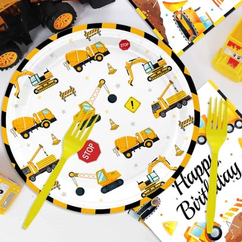 48Pcs Construction Birthday Party Supplies Excavator Birthday Decorations Including Plates and Napkins Forks Supplies Serves 16 Guests Baby Shower Construct Party Decorations - Image 5
