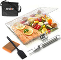 Stainless Steel Large Grill Basket with Removable Handle – 12.25 x 9.5 x 1.5 Inch BBQ Vegetable Basket with Easy Open Lid, Silicone Basting Brush & Scrub Sponge – Outdoor Cooking & Camping Accessory by Braize