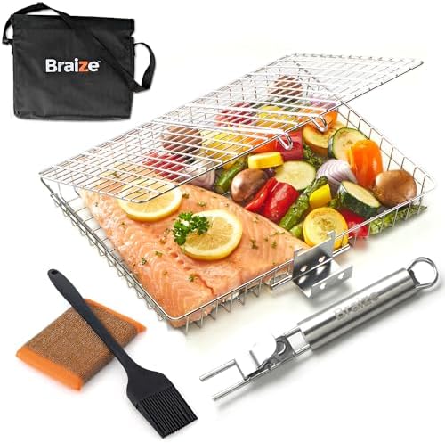 Stainless Steel Large Grill Basket with Removable Handle – 12.25 x 9.5 x 1.5 Inch BBQ Vegetable Basket with Easy Open Lid, Silicone Basting Brush & Scrub Sponge – Outdoor Cooking & Camping Accessory by Braize