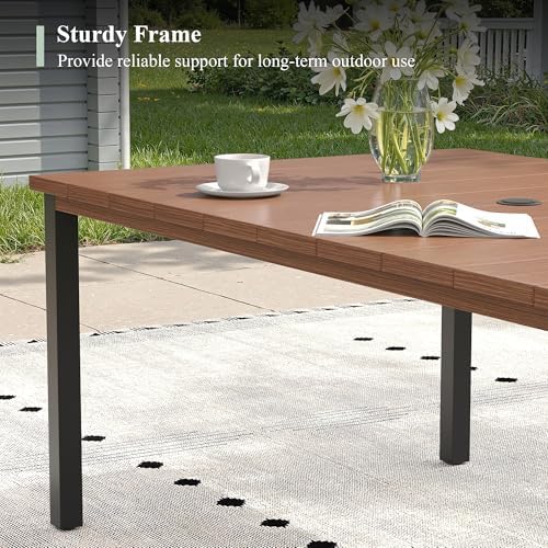 Outdoor Dining Table for 6, 63" Rectangle Outdoor Table with Adjustable Umbrella Hole, All-Weather Metal Patio Dining Table for Lawn Garden Backyard Deck, Walnut - Image 5