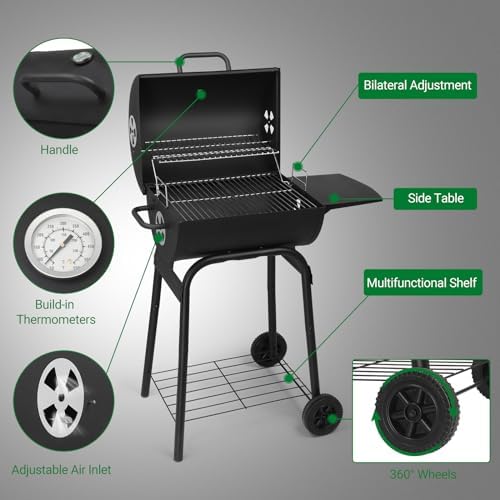 Outvita Barrel Charcoal Grill with Warming Rack, Outdoor BBQ, Black - Image 2