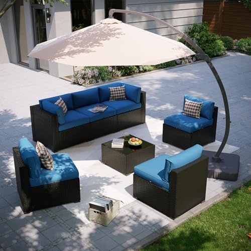 Aoxun Patio Furniture Set with Umbrella, 8 Piece Outdoor Sectional Sofas, Wicker Rattan Outdoor Furniture with Thickened Cushion for Backyard, Garden Navy Blue by Aoxun